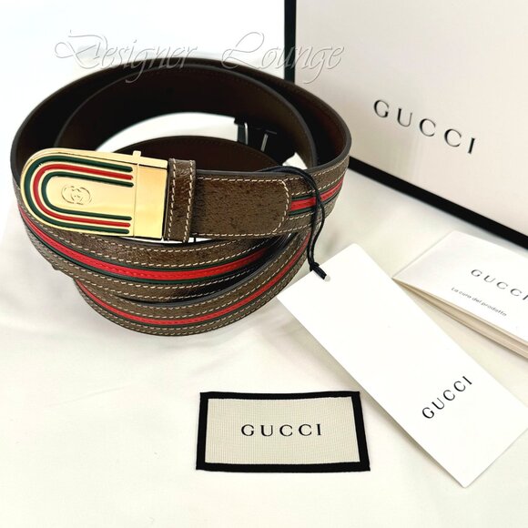 NEW GUCCI Men's Brown Leather WEB Stripe Gold GG Logo Buckle Belt Size 115 - Picture 12 of 12